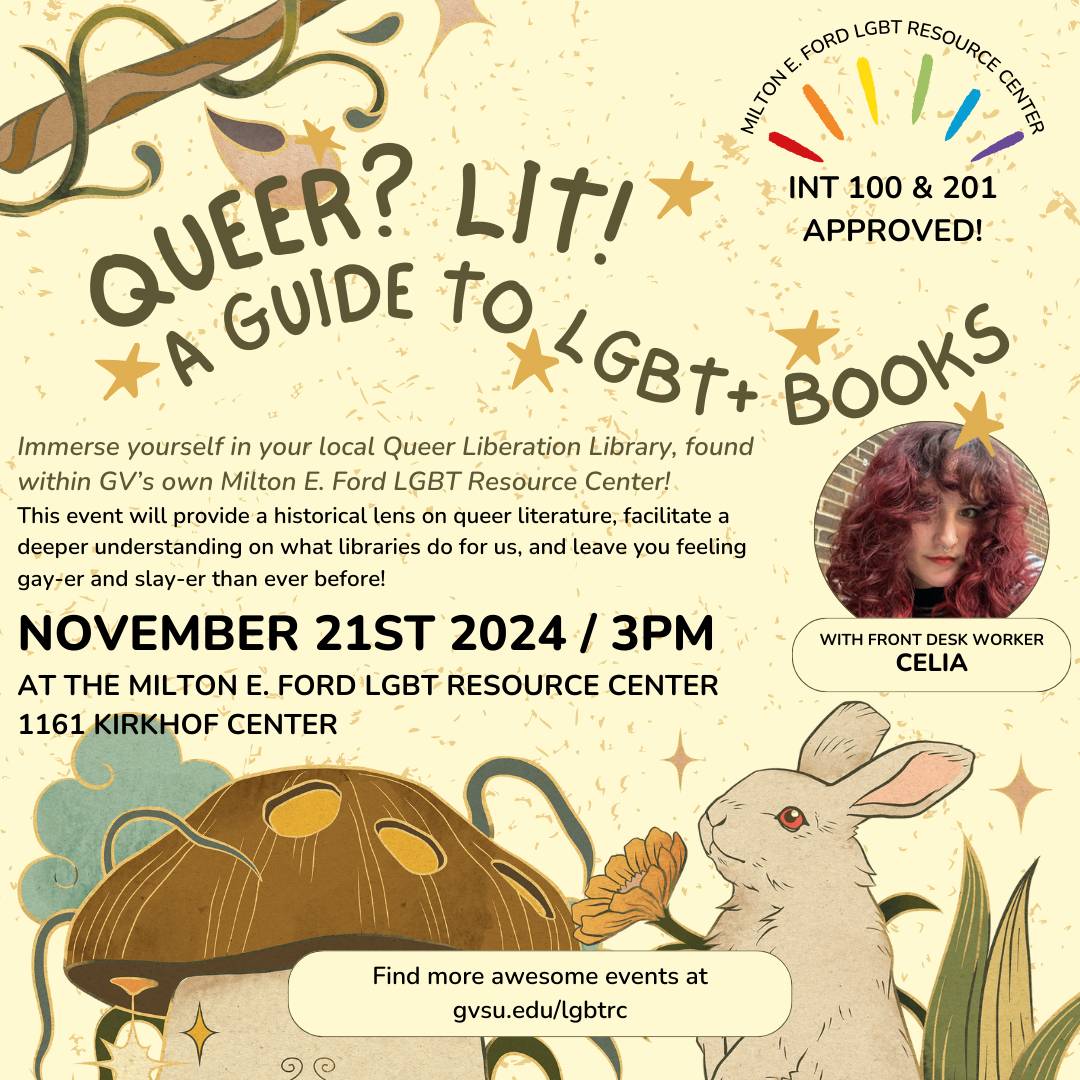 Queer Lit Open Door Discussion poster with gentle earth tones, foliage, and a rabbit